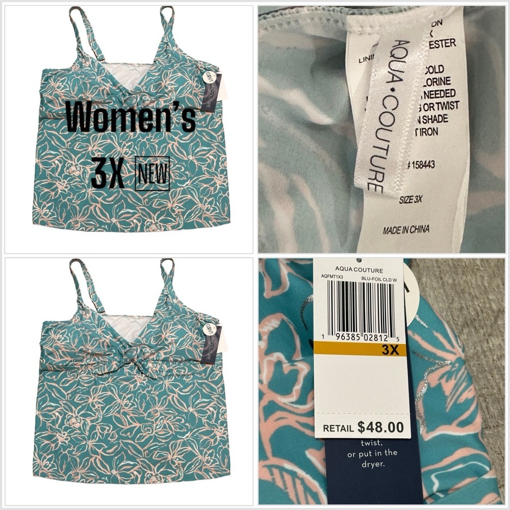 Womens Aqua Couture 3X Tankini Padded Keyhole Swim Swimwear Tank Top Blue NWT